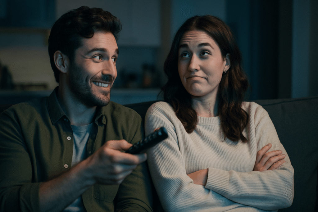 Casal no sofá em um impasse divertido sobre quais filmes para casal assistir, com o homem sorrindo e a mulher com expressão cética.