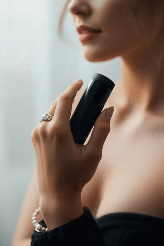 Close-up da mão de uma mulher segurando um estimulador por pulsos de pressão, a arma secreta do prazer.