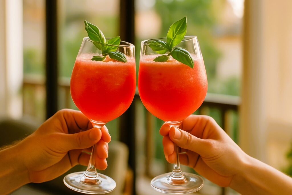 Mãos de um casal brindando com duas taças de um drink de melancia decorado com manjericão.